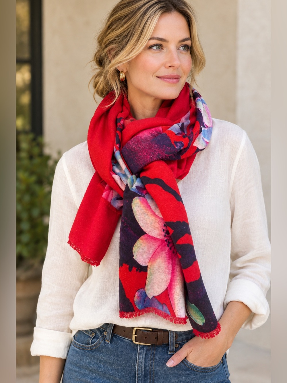 Red Silk Luxury Shawl Scarf with Magnolias Design